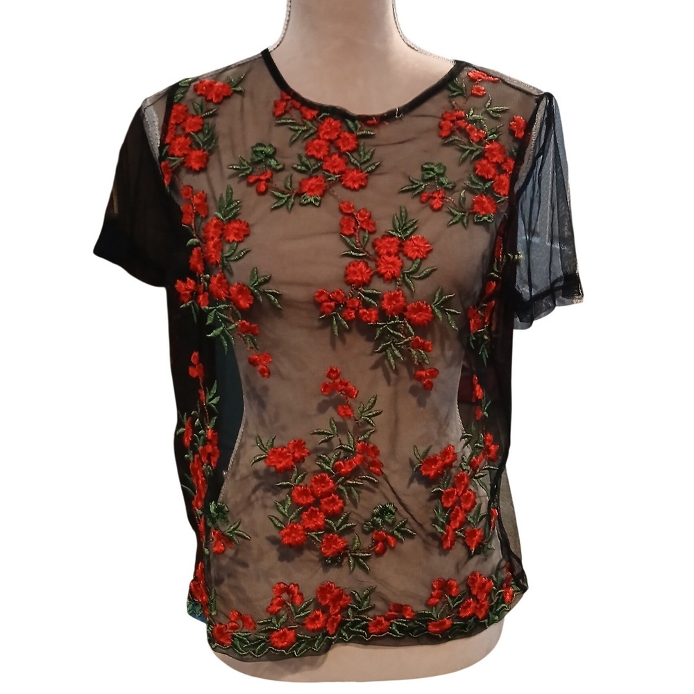 Twinkle Women Black Mesh Sheer Red Floral Embroidered Short Sleeve Blouse Small